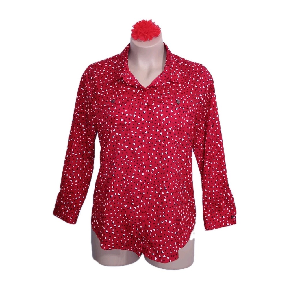 Karl Lagerfeld Women Novelty Button Down Top XL Red Hearts Valentine's Day Love